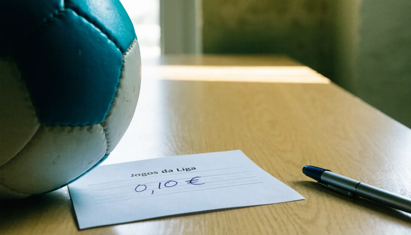 Uma bola de futebol pousada sobre um talão de apostas em branco numa mesa de madeira, à luz do dia