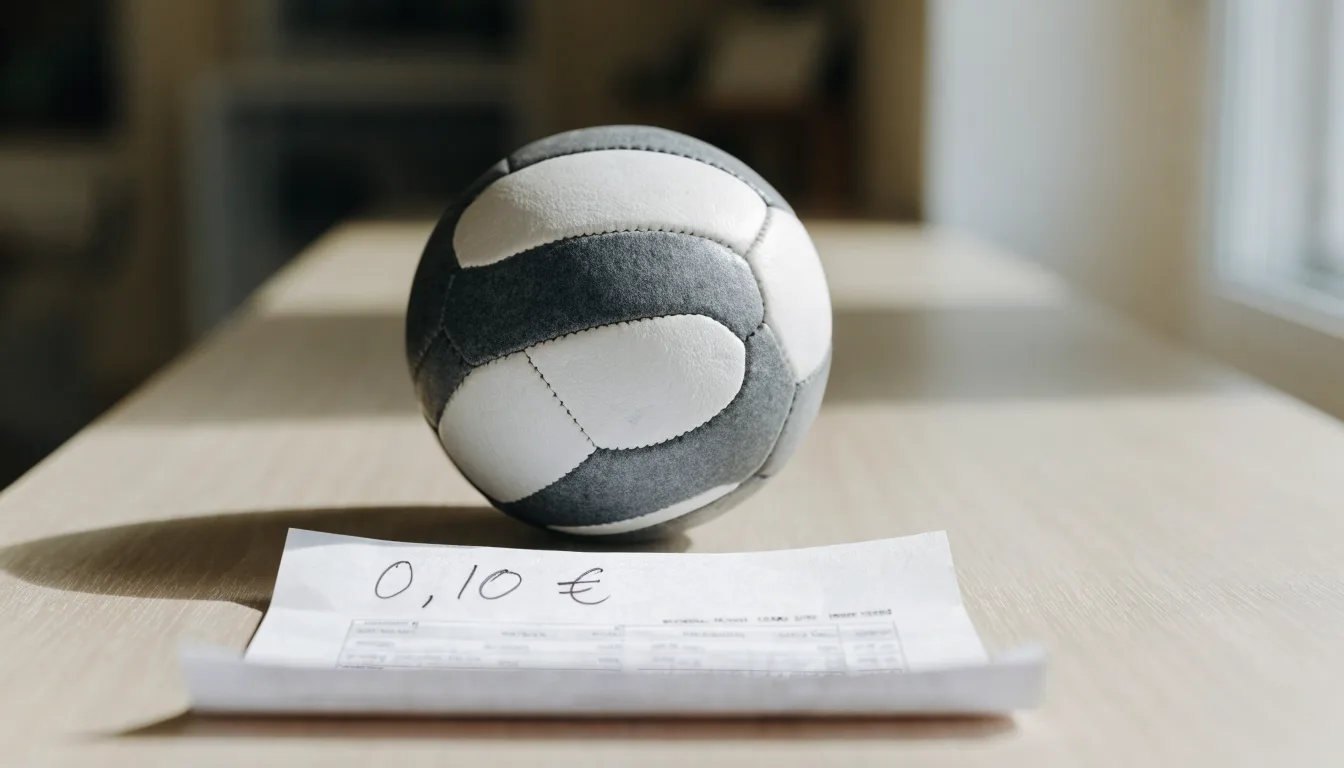 Uma bola de futebol pousada sobre um talão de apostas em branco numa mesa de madeira, à luz do dia