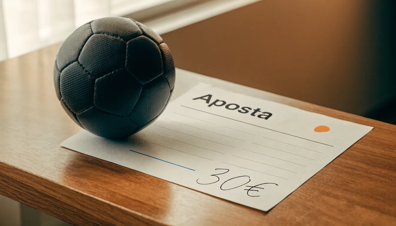 Uma bola de futebol pousada sobre um talão de apostas em branco numa mesa de madeira, à luz do dia