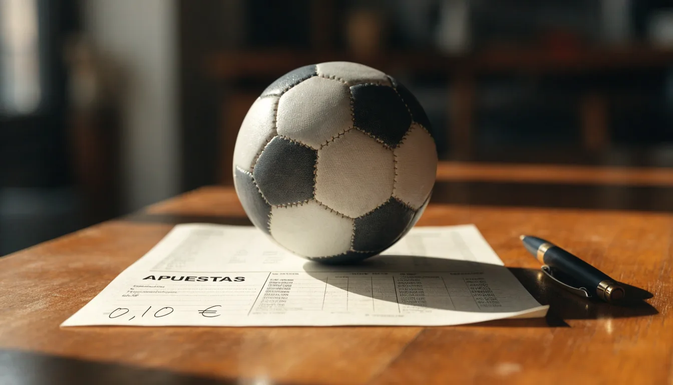 Uma bola de futebol pousada sobre um talão de apostas em branco numa mesa de madeira, à luz do dia
