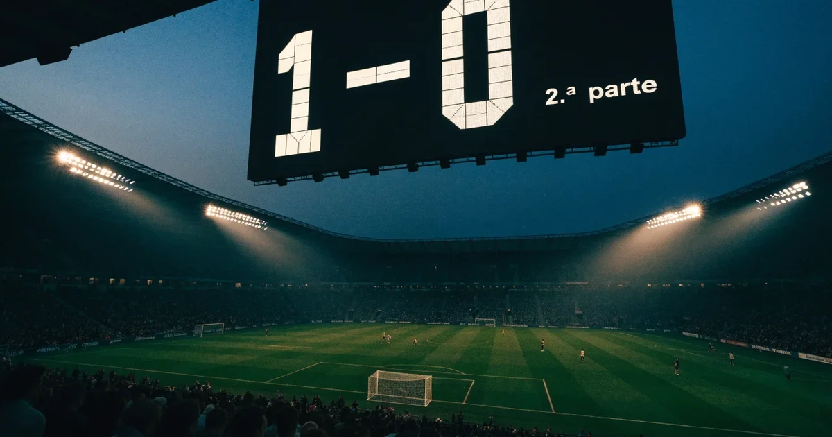 Um marcador eletrónico de um estádio com o resultado a meio da segunda parte, visto das bancadas