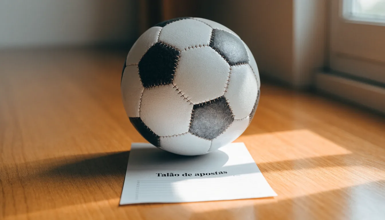Uma bola de futebol pousada sobre um talão de apostas em branco numa mesa de madeira, à luz do dia
