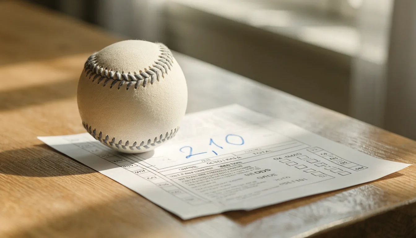 Uma bola de futebol pousada sobre um talão de apostas em branco numa mesa de madeira, à luz do dia