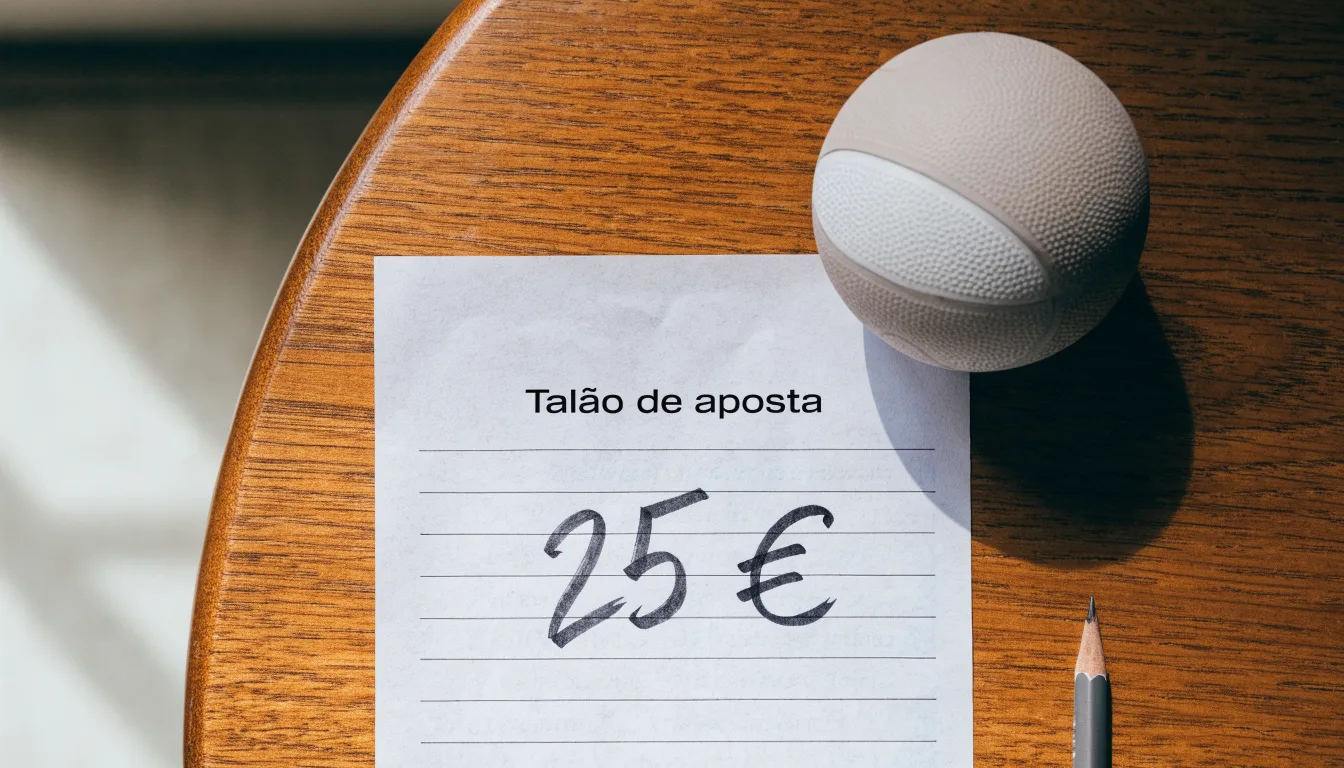 Uma bola de futebol pousada sobre um talão de apostas em branco numa mesa de madeira, à luz do dia