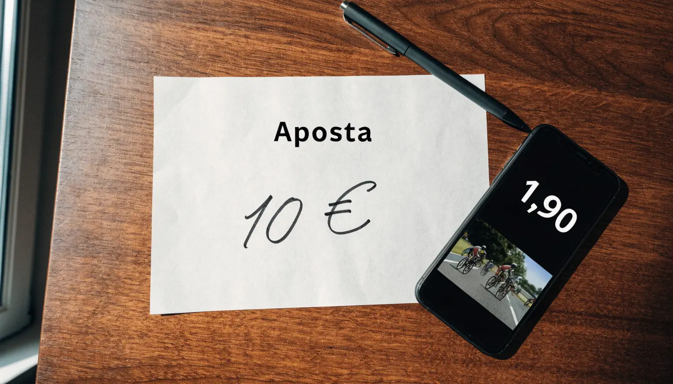 Uma bola de futebol pousada sobre um talão de apostas em branco numa mesa de madeira, à luz do dia