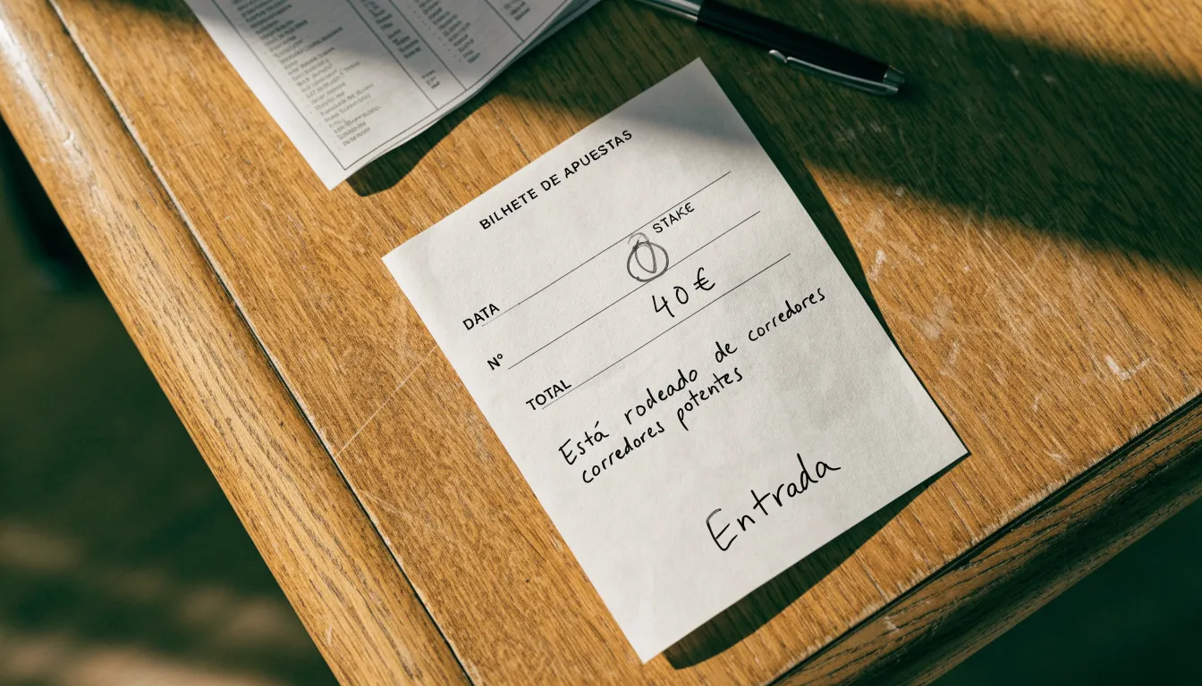 Uma bola de futebol pousada sobre um talão de apostas em branco numa mesa de madeira, à luz do dia