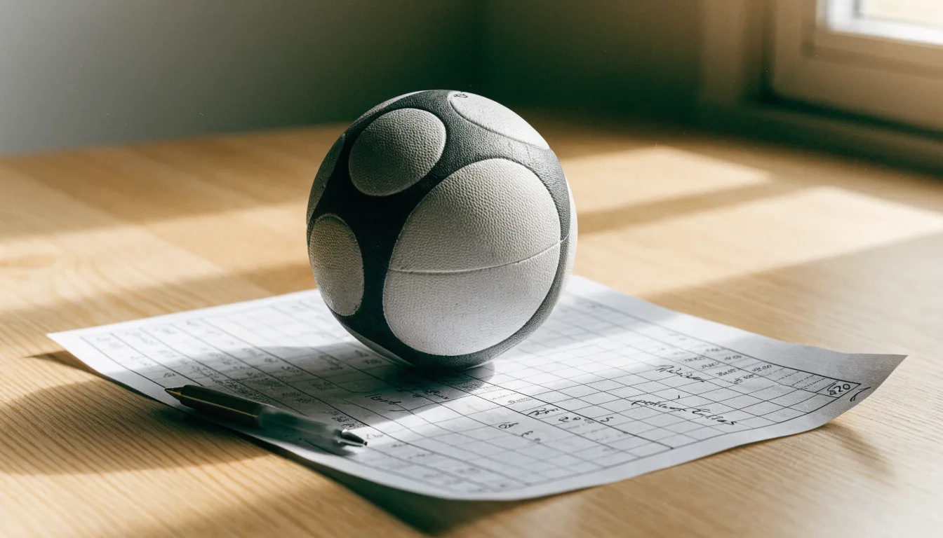 Uma bola de futebol pousada sobre um talão de apostas em branco numa mesa de madeira, à luz do dia