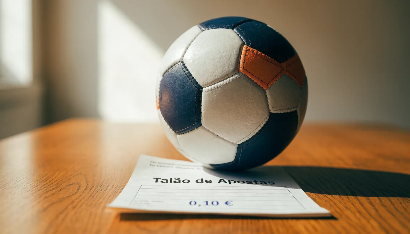 Uma bola de futebol pousada sobre um talão de apostas em branco numa mesa de madeira, à luz do dia