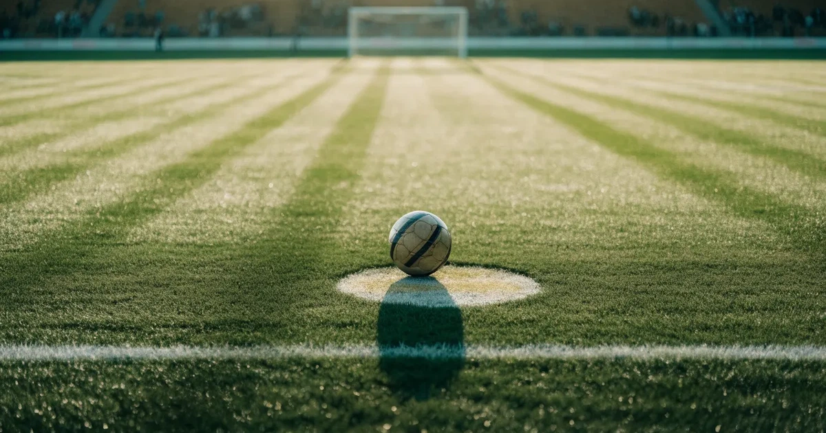 Uma bola de futebol no ponto central de um relvado, à luz da manhã