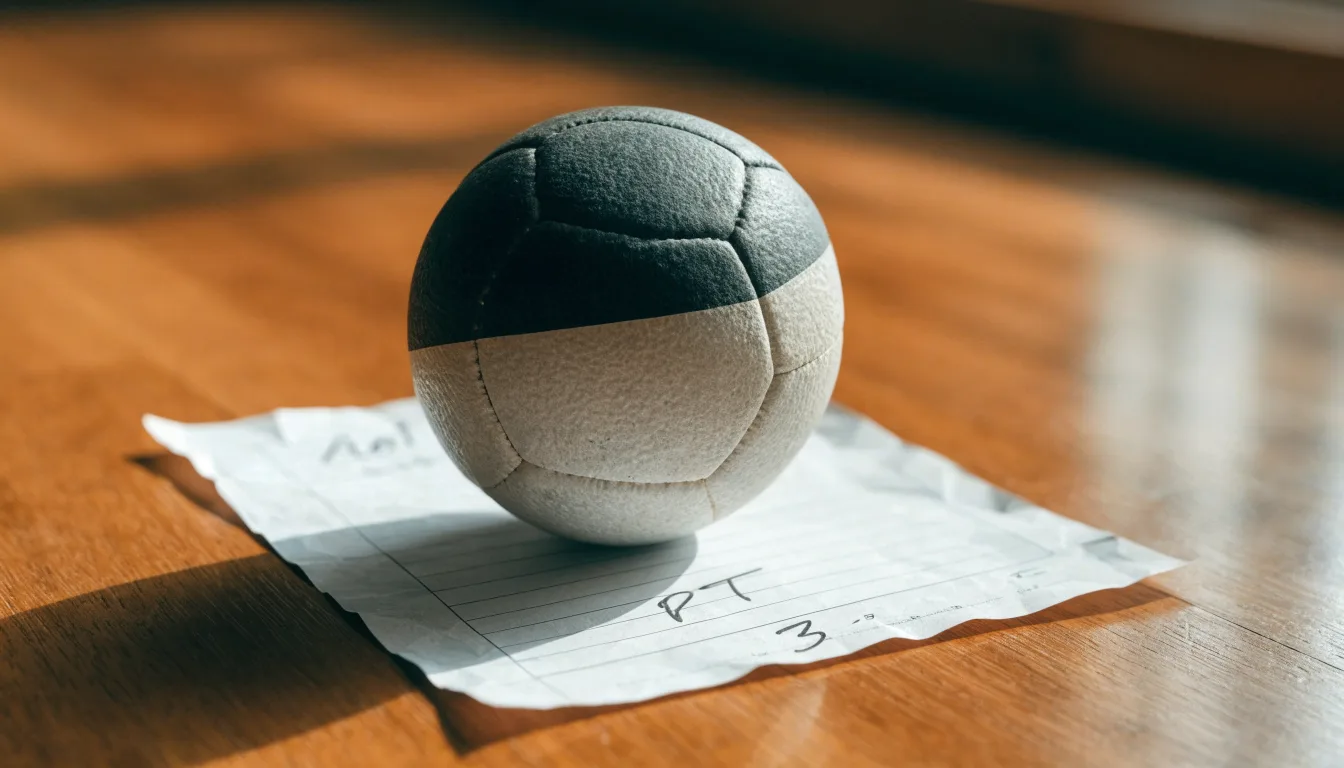 Uma bola de futebol pousada sobre um talão de apostas em branco numa mesa de madeira, à luz do dia