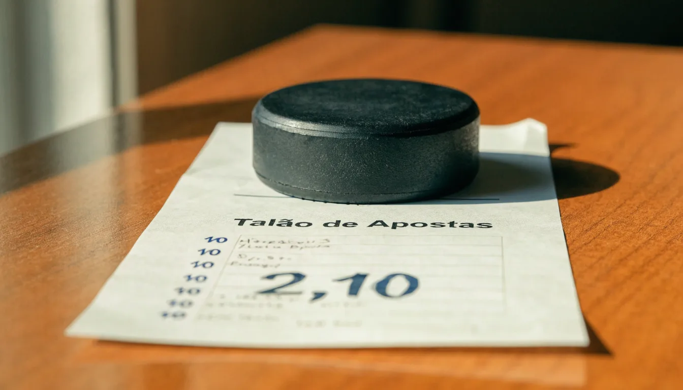 Uma bola de futebol pousada sobre um talão de apostas em branco numa mesa de madeira, à luz do dia