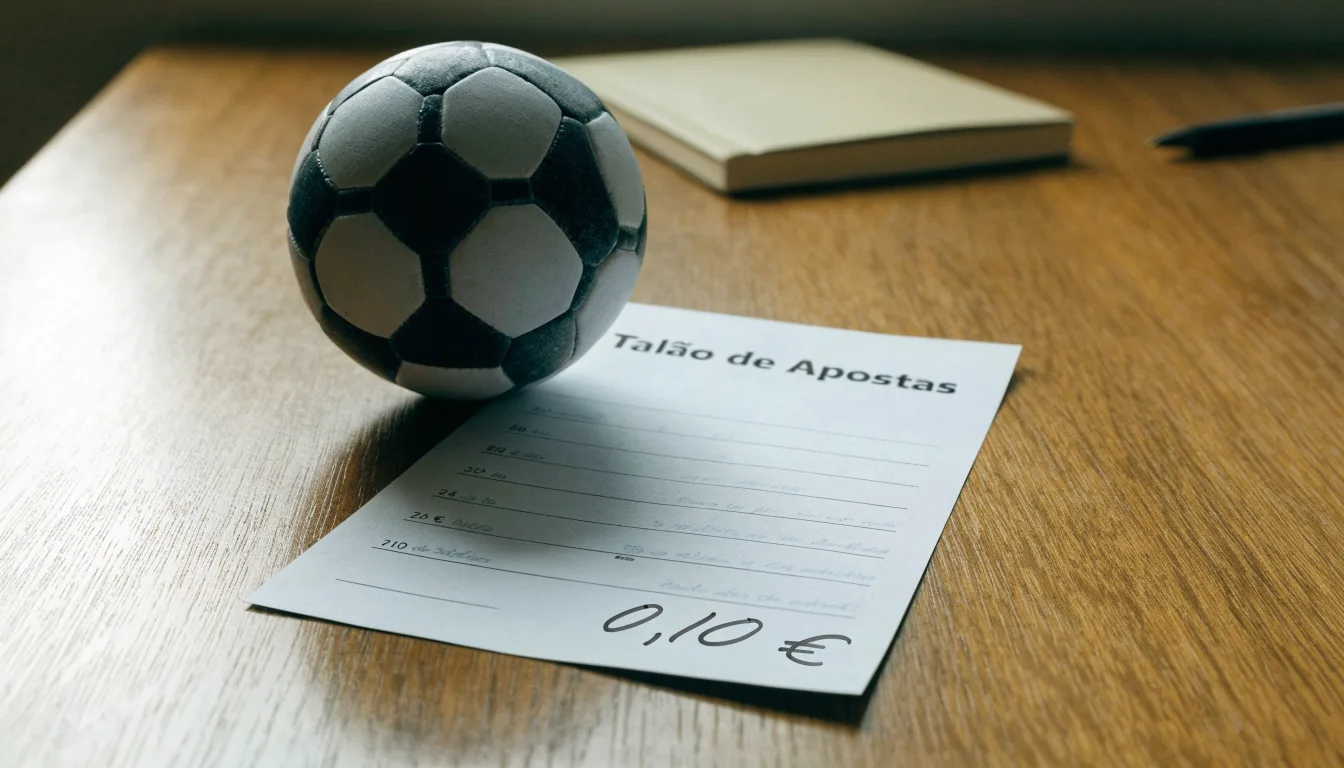 Uma bola de futebol pousada sobre um talão de apostas em branco numa mesa de madeira, à luz do dia
