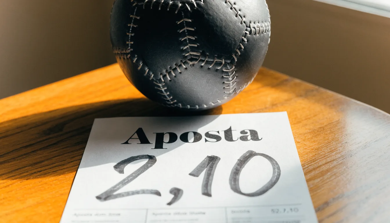 Uma bola de futebol pousada sobre um talão de apostas em branco numa mesa de madeira, à luz do dia
