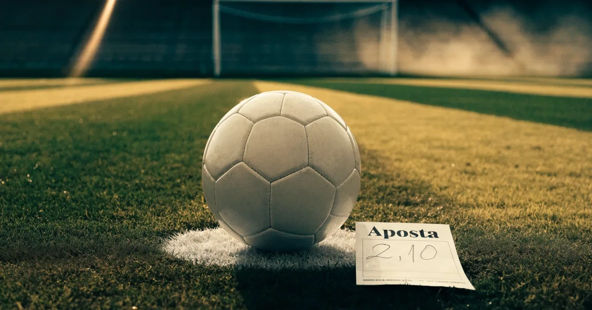 Uma bola de futebol no ponto central de um relvado, à luz da manhã