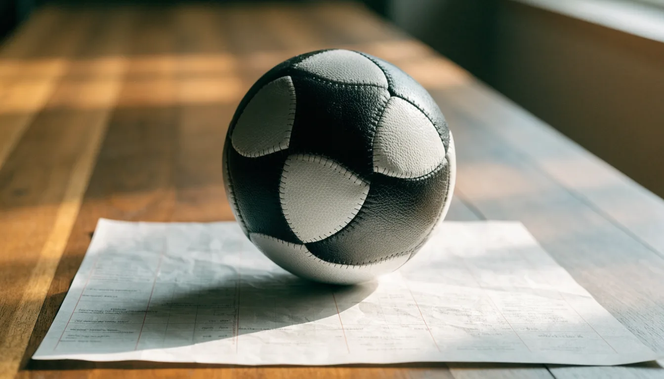 Uma bola de futebol pousada sobre um talão de apostas em branco numa mesa de madeira, à luz do dia