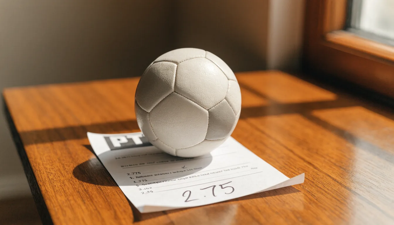 Uma bola de futebol pousada sobre um talão de apostas em branco numa mesa de madeira, à luz do dia