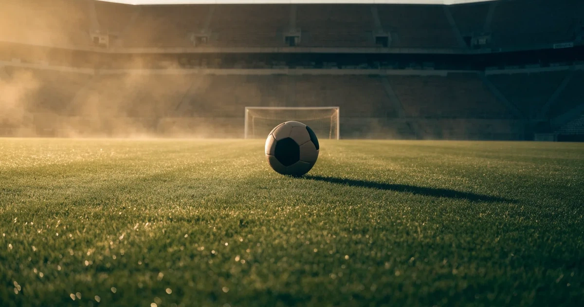 Uma bola de futebol no ponto central de um relvado, à luz da manhã