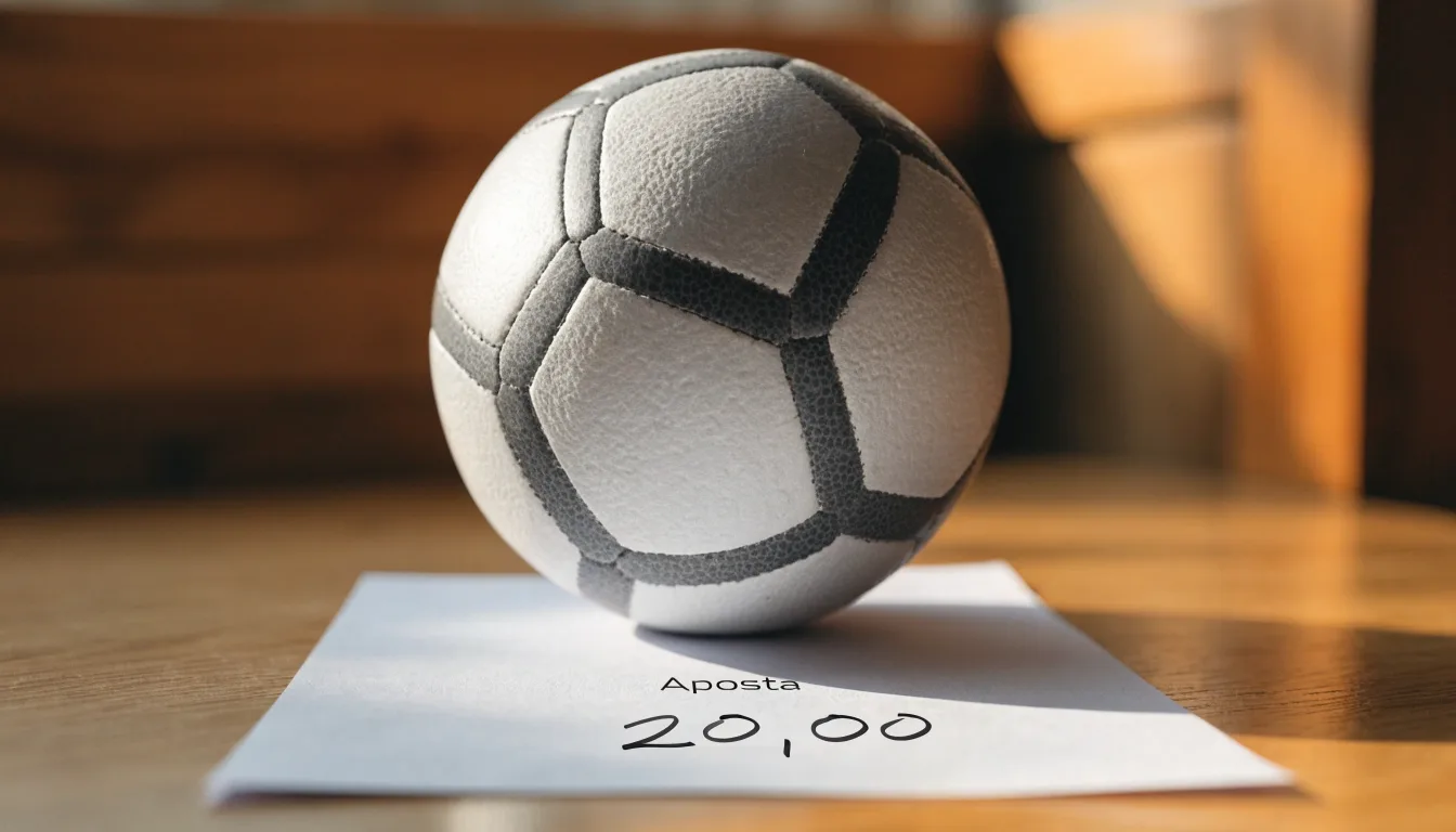 Uma bola de futebol pousada sobre um talão de apostas em branco numa mesa de madeira, à luz do dia