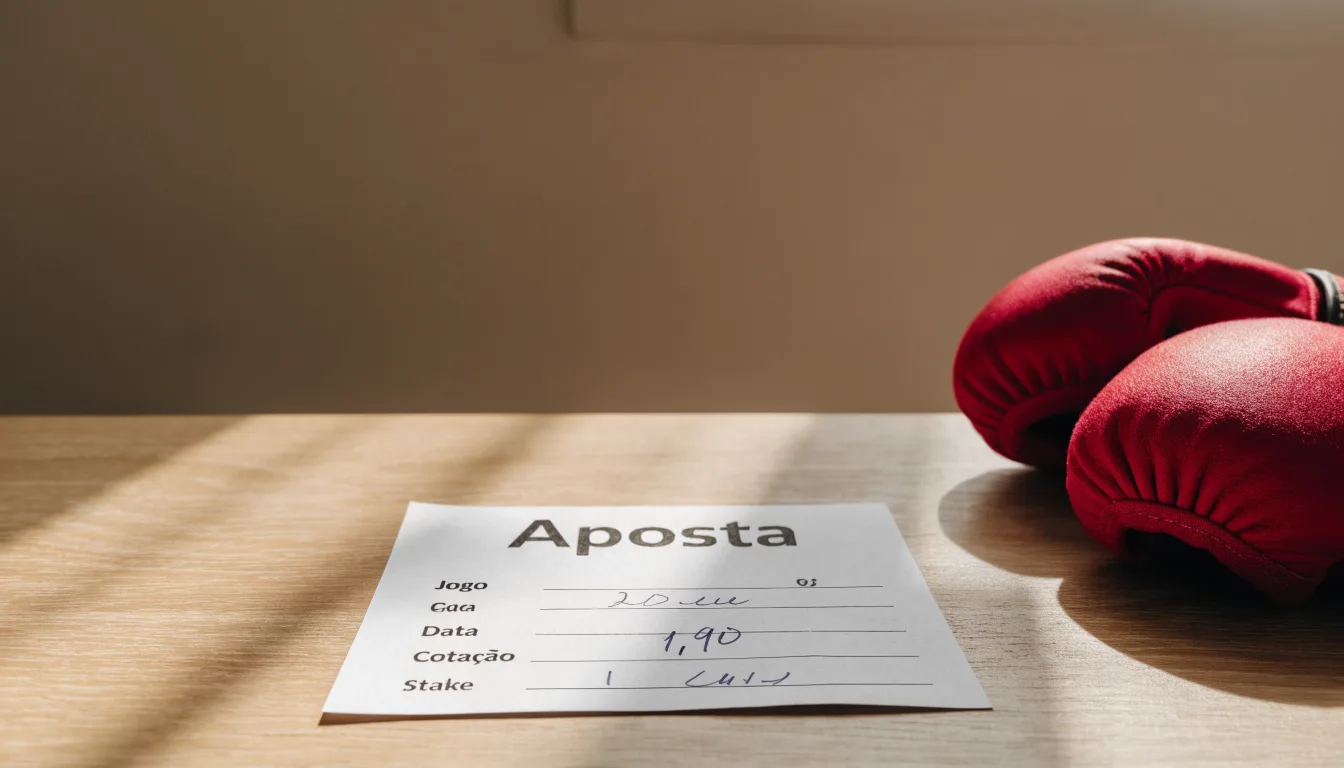 Uma bola de futebol pousada sobre um talão de apostas em branco numa mesa de madeira, à luz do dia