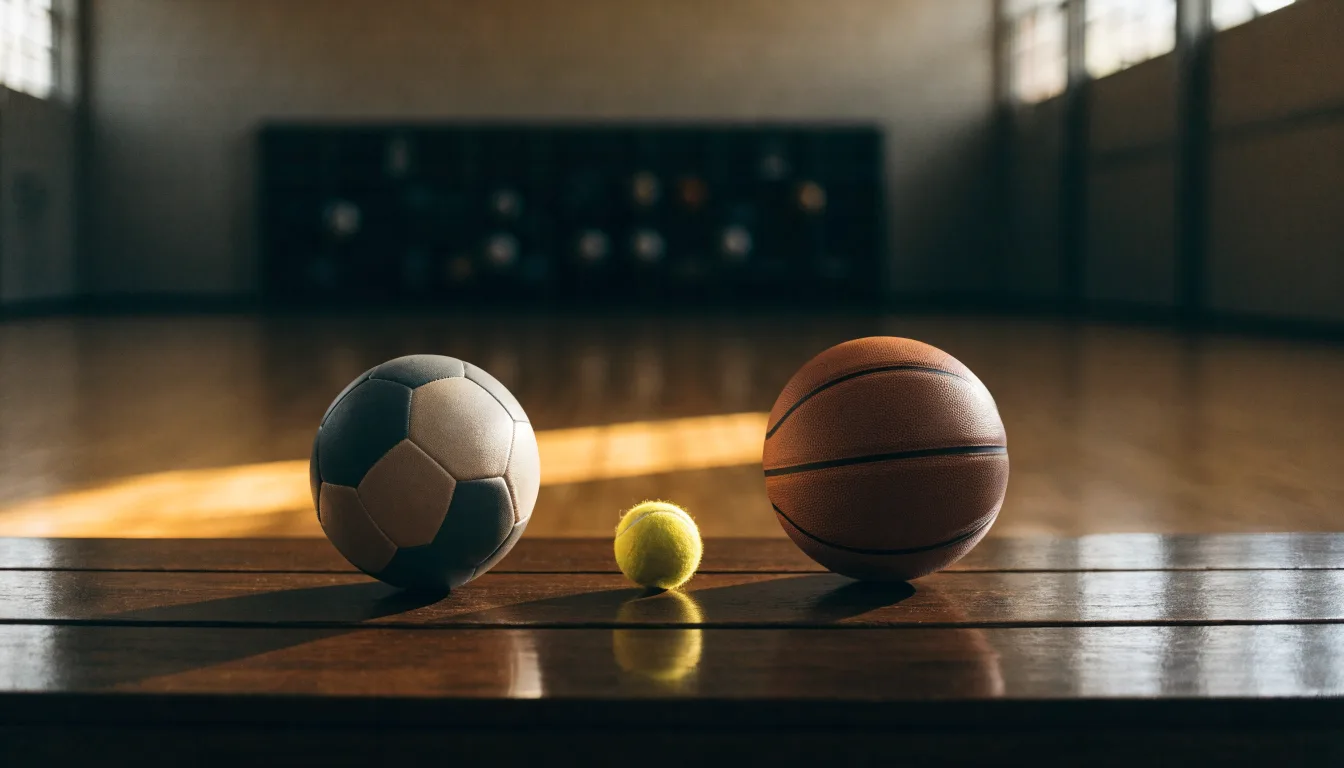 Três bolas de desportos diferentes alinhadas lado a lado num banco de madeira