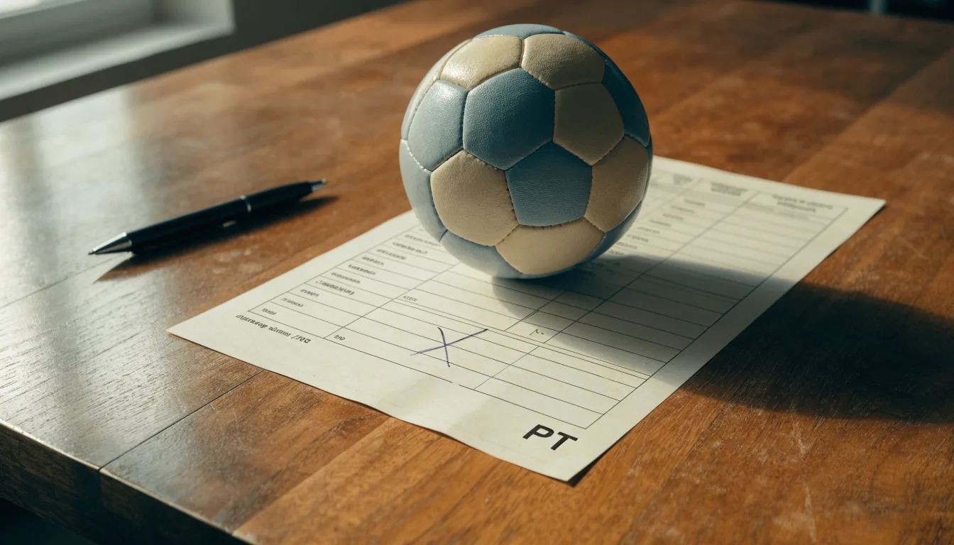 Uma bola de futebol pousada sobre um talão de apostas em branco numa mesa de madeira, à luz do dia