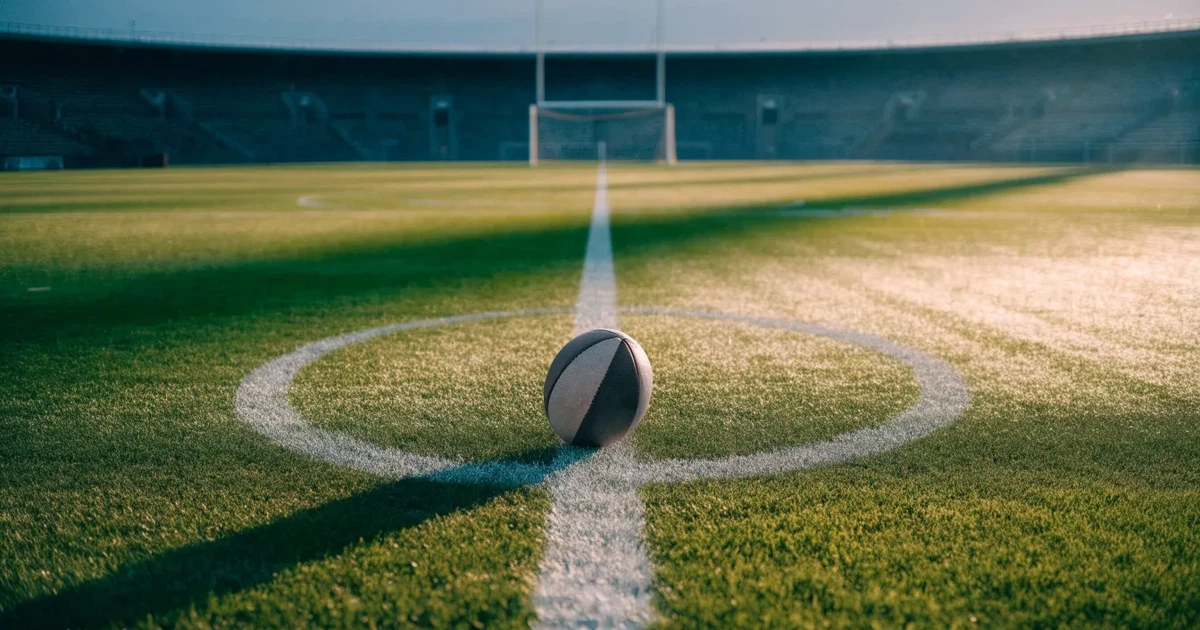 Uma bola de futebol no ponto central de um relvado, à luz da manhã