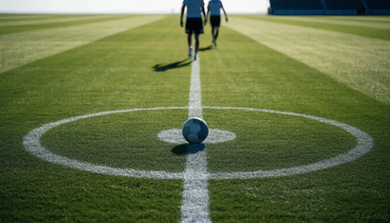 Uma bola de futebol no ponto central de um relvado, à luz da manhã