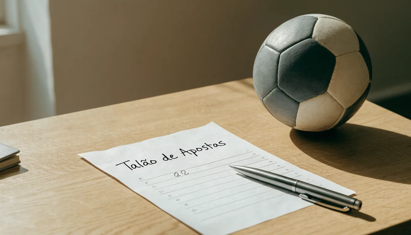 Uma bola de futebol pousada sobre um talão de apostas em branco numa mesa de madeira, à luz do dia
