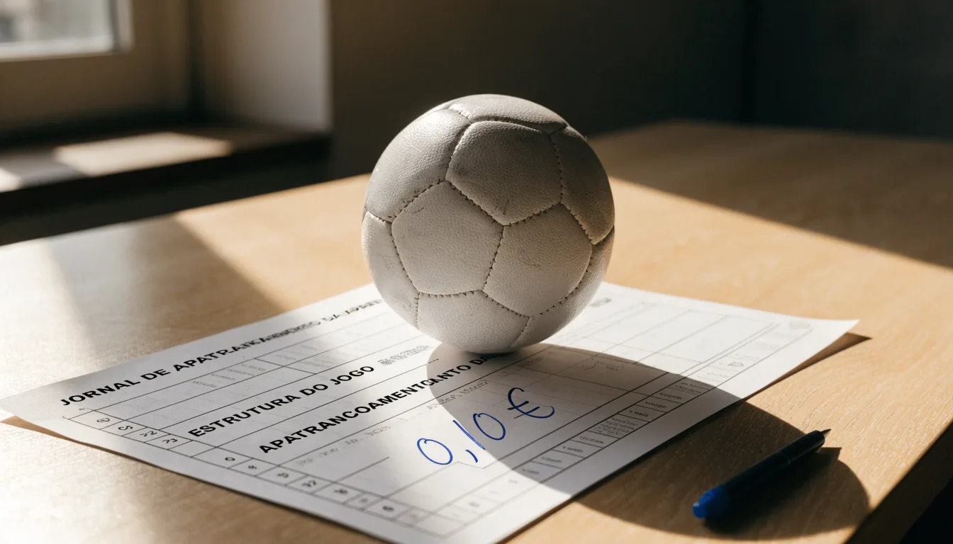 Uma bola de futebol pousada sobre um talão de apostas em branco numa mesa de madeira, à luz do dia