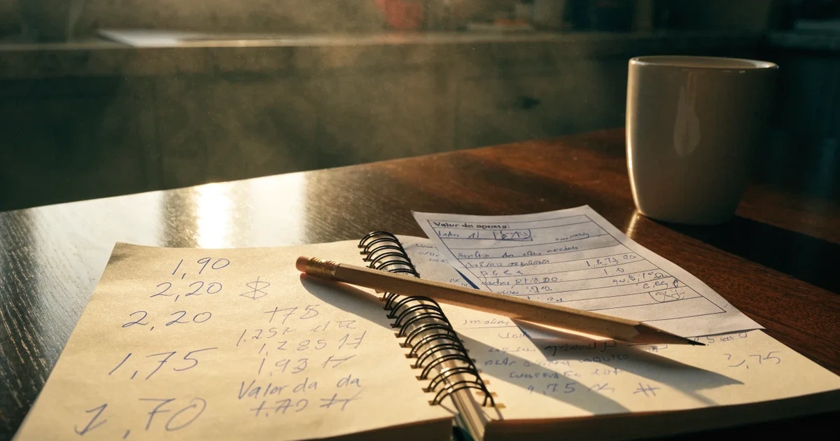 Um caderno aberto com cotas escritas à mão, uma calculadora e um lápis sobre uma mesa de madeira