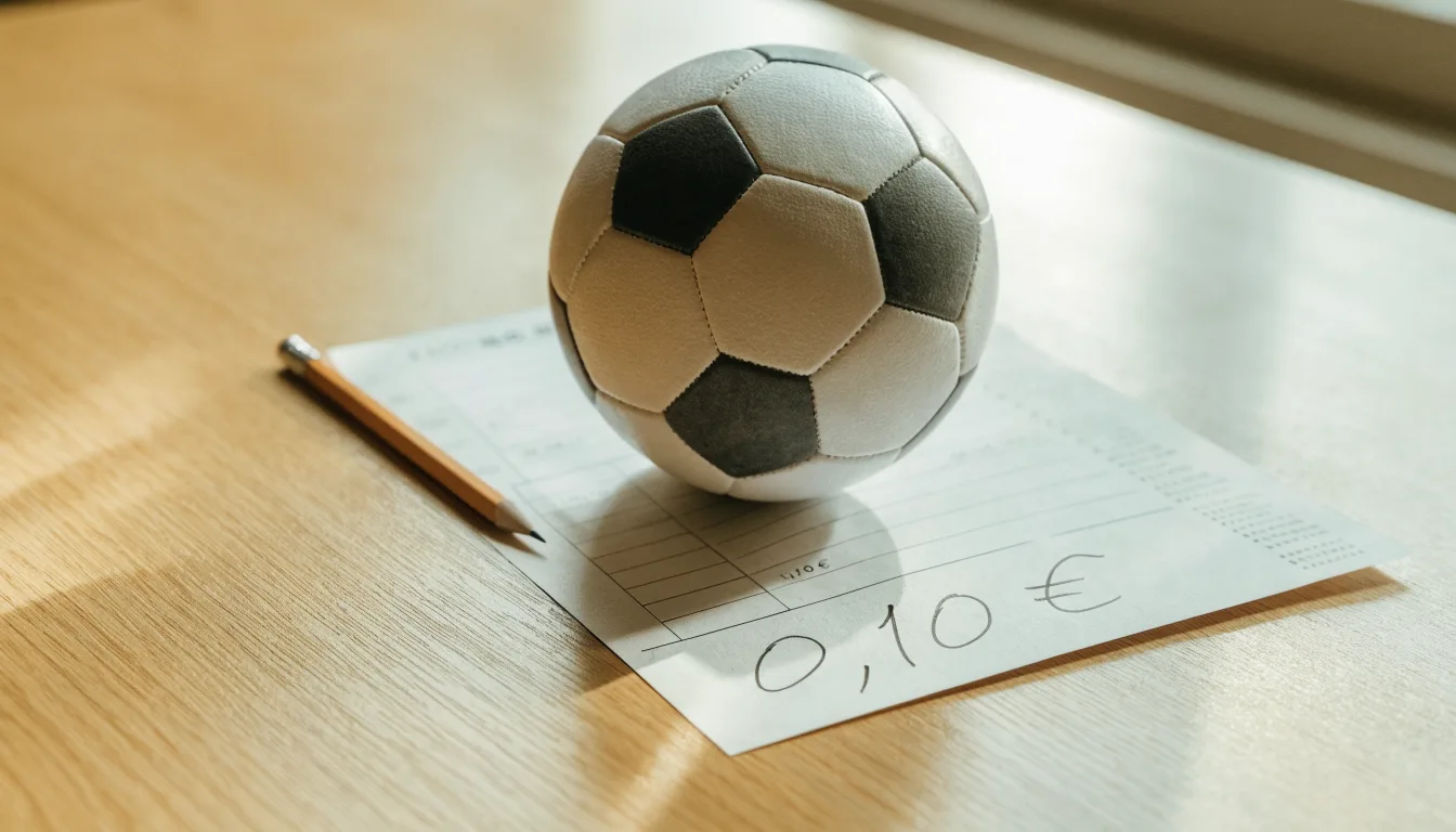 Uma bola de futebol pousada sobre um talão de apostas em branco numa mesa de madeira, à luz do dia