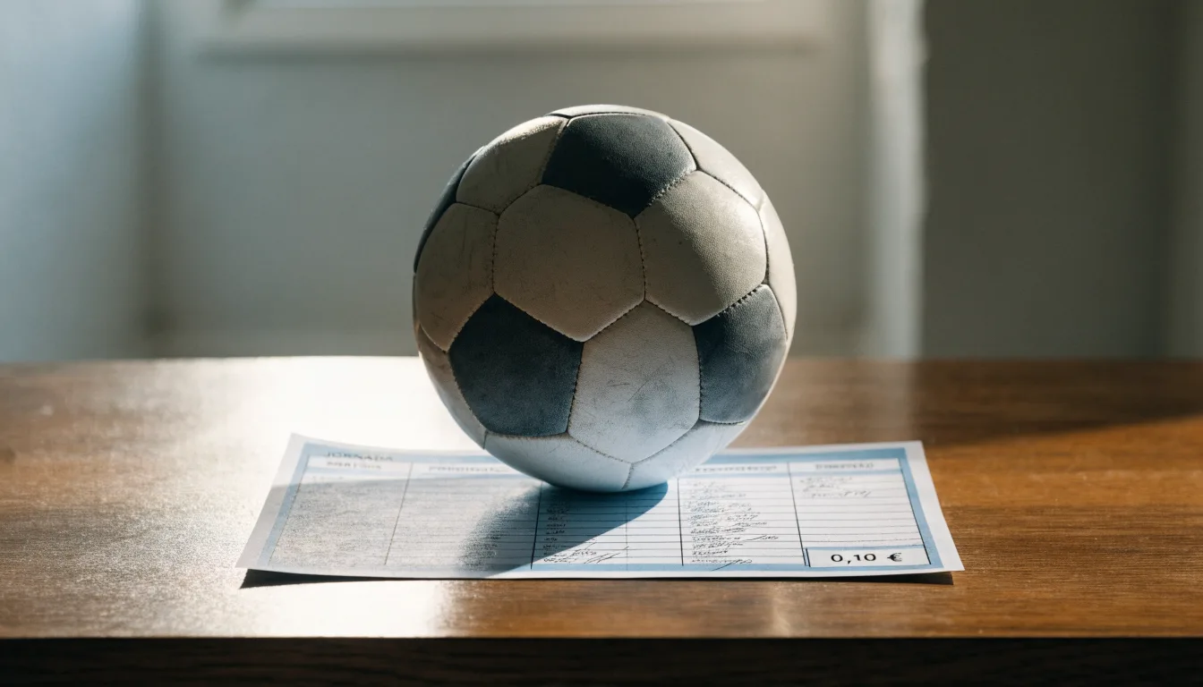 Uma bola de futebol pousada sobre um talão de apostas em branco numa mesa de madeira, à luz do dia