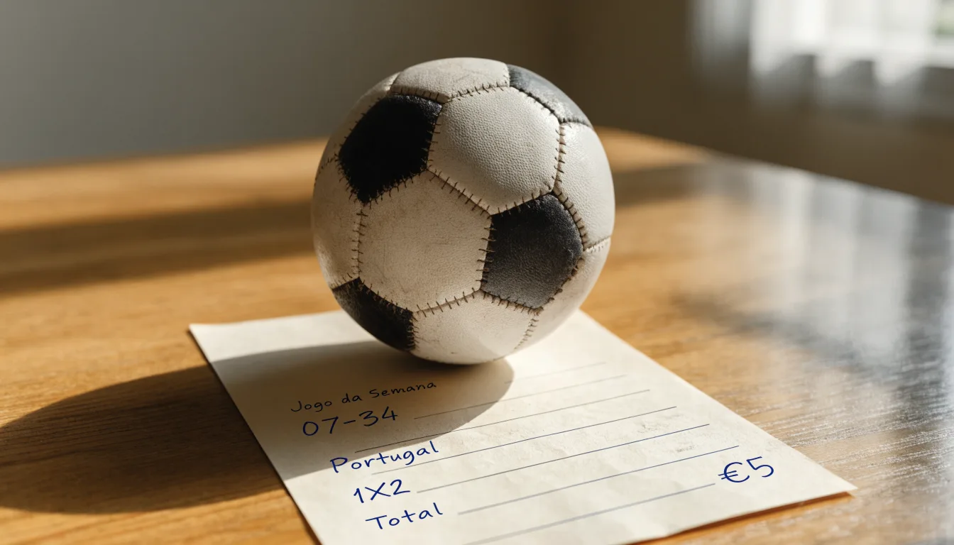 Uma bola de futebol pousada sobre um talão de apostas em branco numa mesa de madeira, à luz do dia