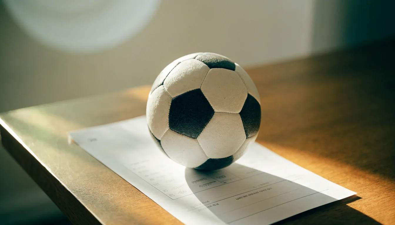 Uma bola de futebol pousada sobre um talão de apostas em branco numa mesa de madeira, à luz do dia