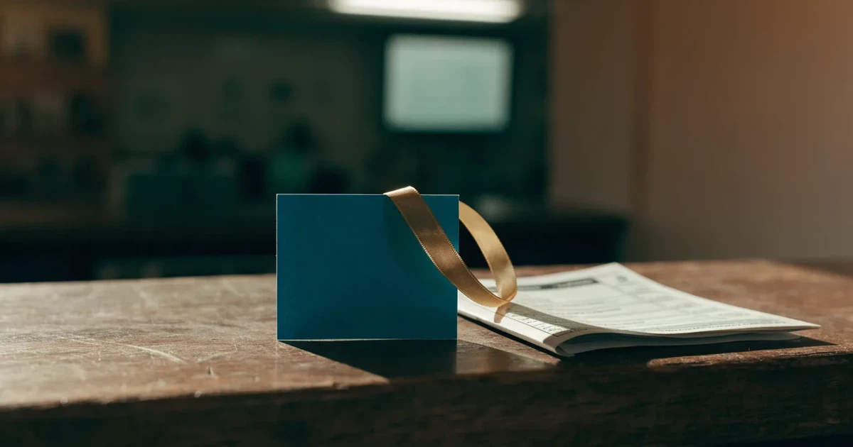 Um cartão de oferta com uma fita dourada ao lado de um talão de apostas numa bancada de madeira