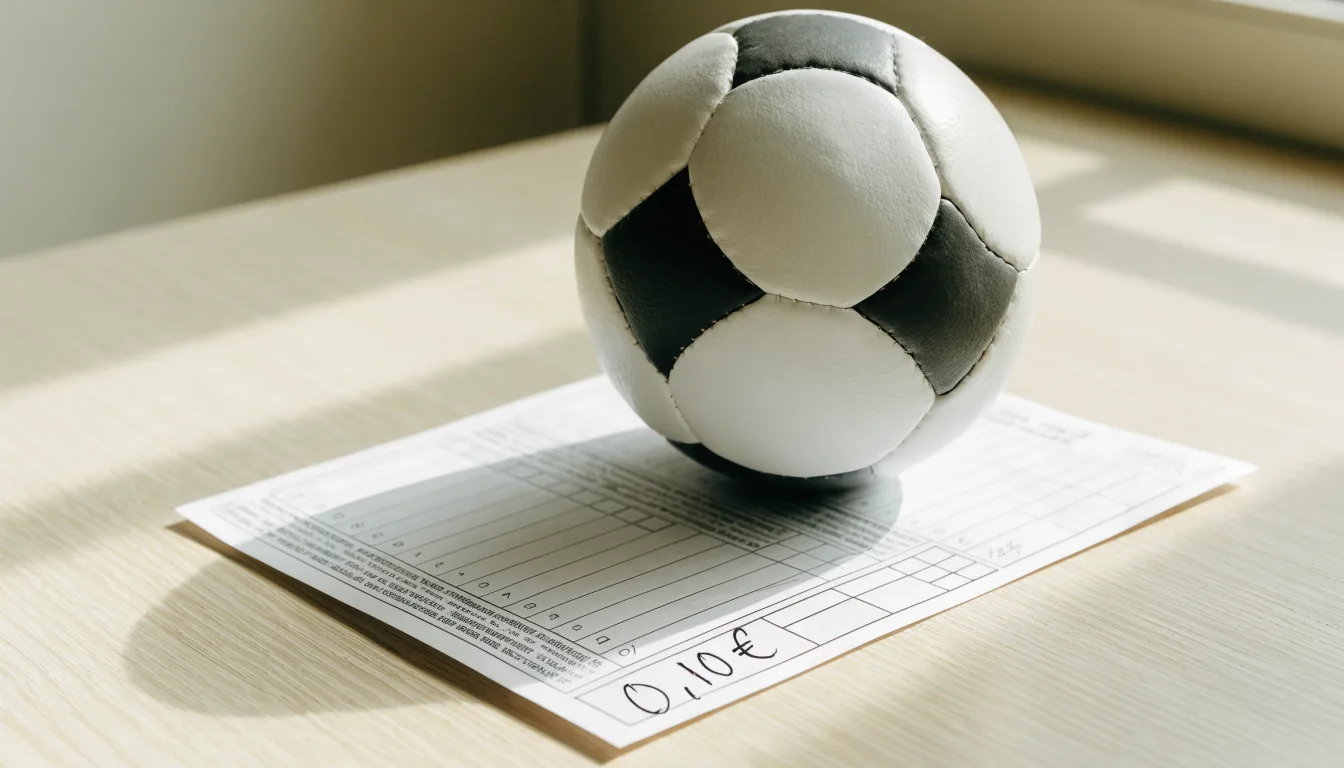 Uma bola de futebol pousada sobre um talão de apostas em branco numa mesa de madeira, à luz do dia