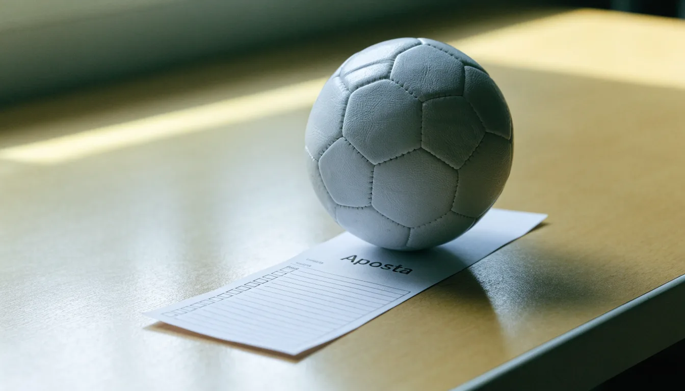 Uma bola de futebol pousada sobre um talão de apostas em branco numa mesa de madeira, à luz do dia