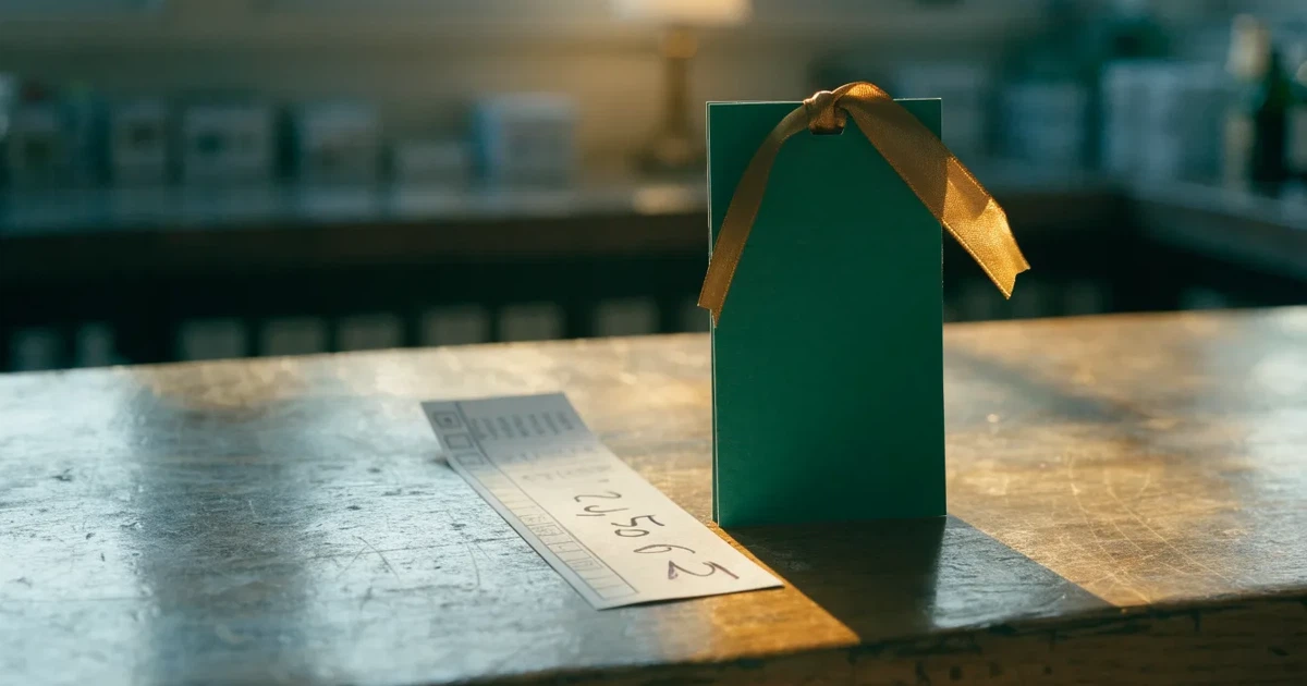 Um cartão de oferta com uma fita dourada ao lado de um talão de apostas numa bancada de madeira