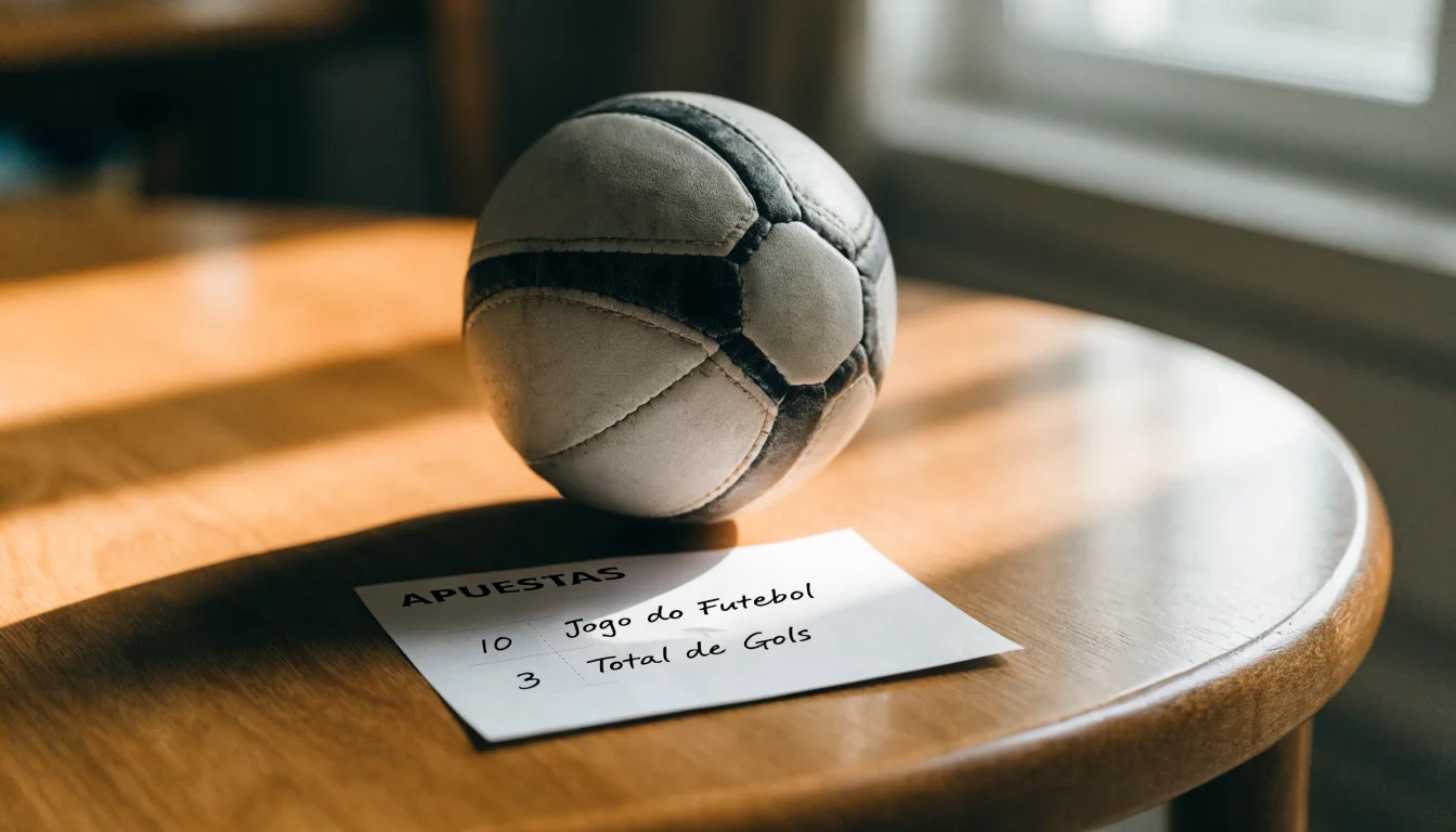 Uma bola de futebol pousada sobre um talão de apostas em branco numa mesa de madeira, à luz do dia
