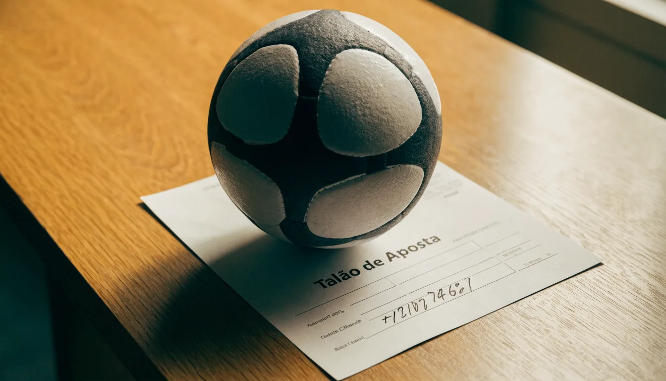 Uma bola de futebol pousada sobre um talão de apostas em branco numa mesa de madeira, à luz do dia