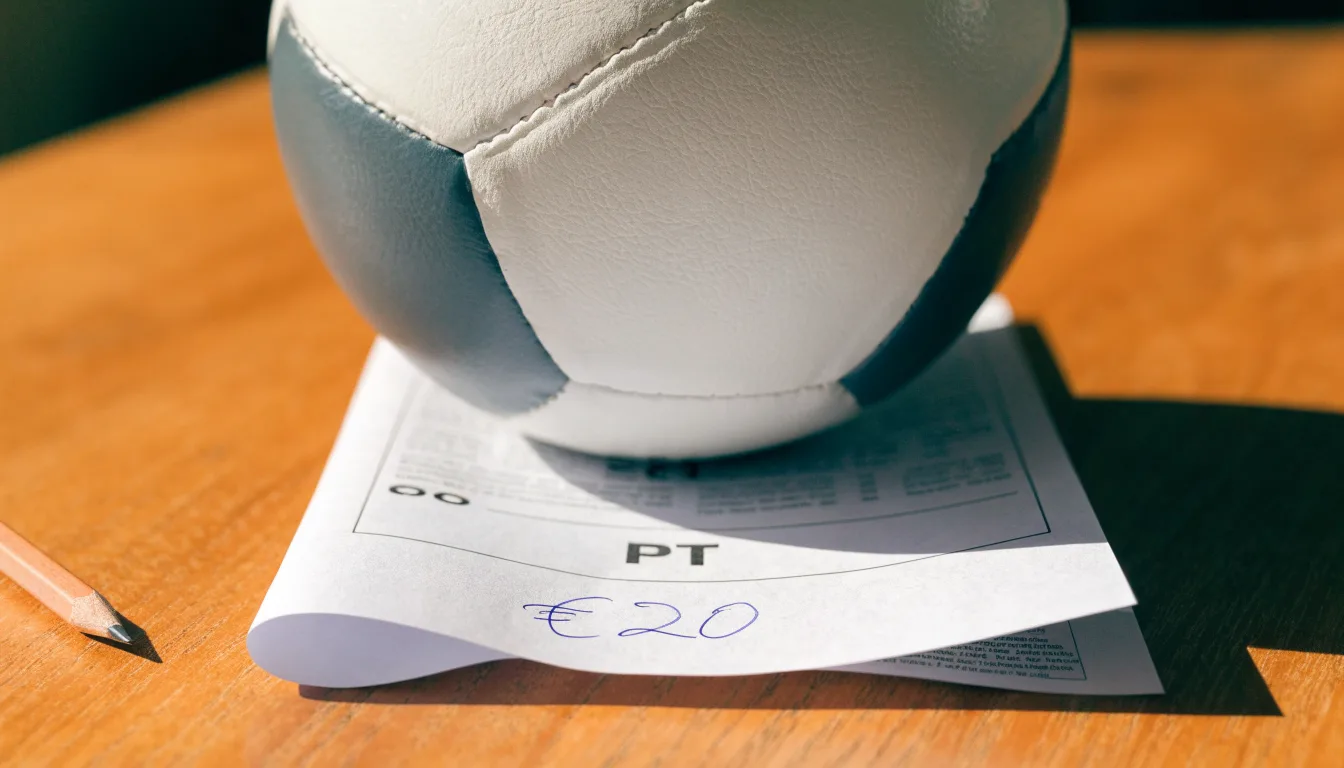 Uma bola de futebol pousada sobre um talão de apostas em branco numa mesa de madeira, à luz do dia