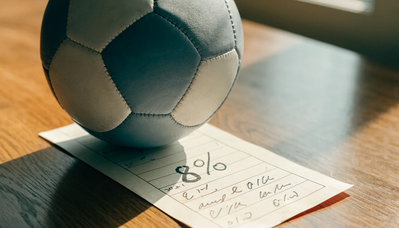 Uma bola de futebol pousada sobre um talão de apostas em branco numa mesa de madeira, à luz do dia