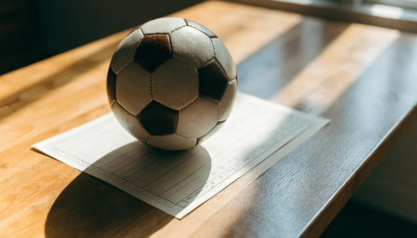 Uma bola de futebol pousada sobre um talão de apostas em branco numa mesa de madeira, à luz do dia