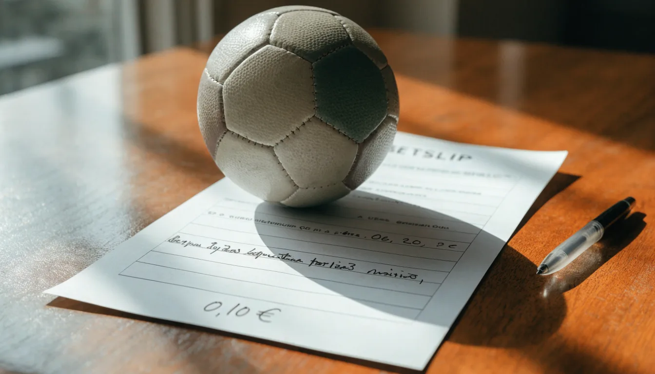 Uma bola de futebol pousada sobre um talão de apostas em branco numa mesa de madeira, à luz do dia
