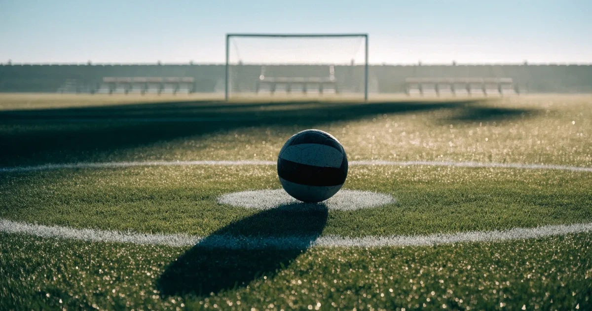 Uma bola de futebol no ponto central de um relvado, à luz da manhã