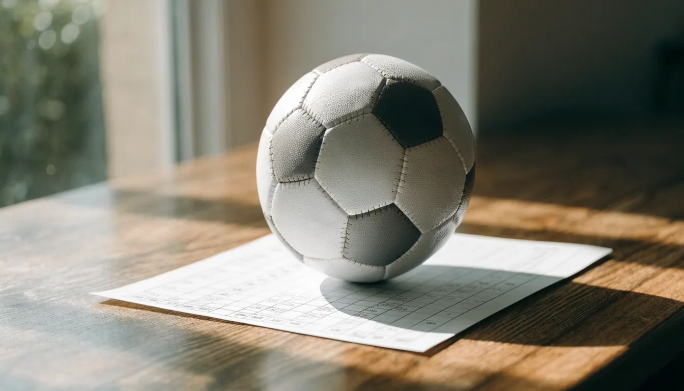 Uma bola de futebol pousada sobre um talão de apostas em branco numa mesa de madeira, à luz do dia