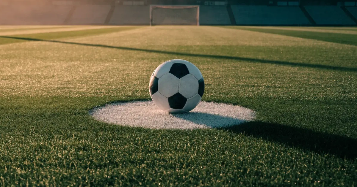 Uma bola de futebol no ponto central de um relvado, à luz da manhã